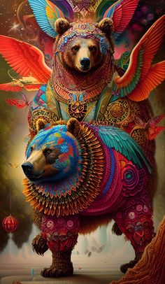 a painting of a bear with wings on it's back and another bear in the background