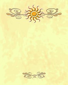 a yellow background with an ornate border and a sun on the top right corner, as well as swirls in the middle