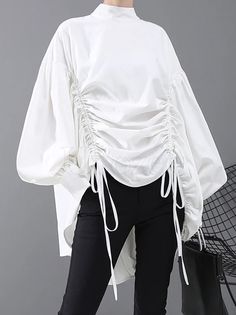 Drawstring Cropped Loose Stand Collar Shirt – uoozee Feminine Shirts, Stand Collar Top, Women Back, Stand Collar Shirt, Loose Fit Shirts, Women's Casual Style, Moda Vintage, Fashion Spring, Sleeves (women)