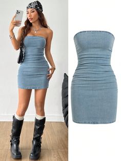 Women's Spring/Summer Y2K Denim Bodysuit Bandeau Dress,Coachella,Music Festival,Back To School Clothes Blue Sexy  Sleeveless Denim Plain Bodycon Medium Stretch  Women Clothing, size features are:Bust: ,Length: ,Sleeve Length: Simple Coachella Outfit, Nice White Dresses, Denim Bodysuit, Strapless Denim Dress, Coachella Music Festival, Coachella Music, Womens Denim Dress, Womens Prom Dresses, Coachella Outfit