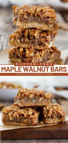 These Gluten-Free Maple Walnut Bars are the best Thanksgiving dessert recipe! These homemade dessert bars start with a shortbread crust, maple pie topping, and chopped walnuts. Add this dessert to your dinner party ideas! Chopped Walnut Recipes, Thanksgiving Dessert Gluten Free, Walnut Pie Bars, Walnut Bars, Walnut Desserts, Gluten Free Thanksgiving Desserts, Walnut Recipes Healthy, Gluten Free Dessert Bars