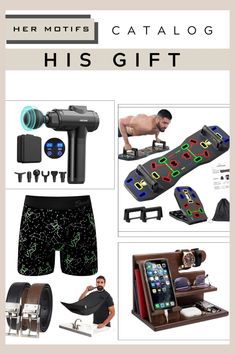 an advertisement for a man's gift set with his phone, camera and other items