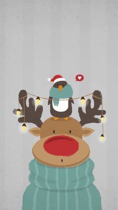 a reindeer with a bird on his head