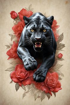 a painting of a black panther surrounded by red roses