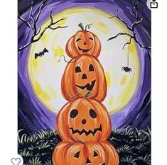 a painting of pumpkins stacked on top of each other in front of a full moon