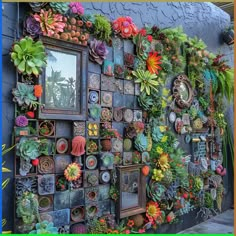 there are many different plants and pictures on the wall in front of this building that is decorated with succulents