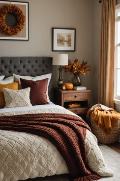 a bedroom with a large bed and two pictures hanging on the wall above it's headboard