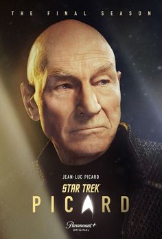 the poster for star trek picard is shown in front of an image of a man with