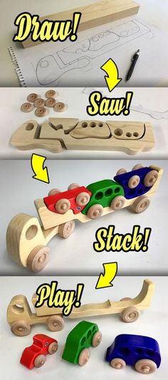 the instructions for how to make a wooden toy car with wheels and wood pegs