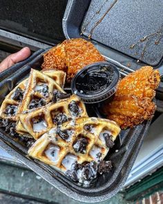 the waffles are covered with jelly and chocolate