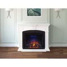 an electric fireplace in a living room with wood flooring