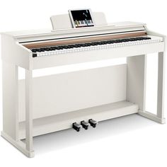 an electronic piano sitting on top of a white stand with a tablet attached to it