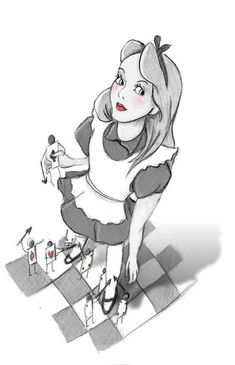 a drawing of a girl on a chess board