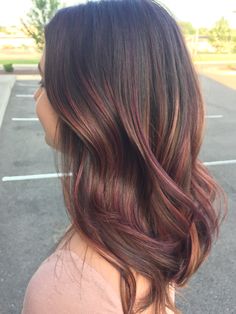 Brunette With Plum Highlights, Red Pink Hair Color Ideas, Maroon Highlights On Light Brown Hair, Brown Hair With Other Colors, Highlight Colours For Hair, Subtle Pink Highlights In Brown Hair, Pink And Brown Hair Aesthetic, Light Hair Colour Ideas, Pink On Brunette Hair