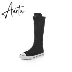 Brand Name: Aiertu Boot Type: BasicShaft Material: CanvasOutsole Material: RubberUpper Material: CanvasSeason: Spring/AutumnInsole Material: PUHeel Type: Flat withLining Material: CanvasBoot Height: Knee-HighItem Type: BootsFashion Element: Cross-tiedDepartment Name: AdultToe Shape: Round ToeHeel Height: Low (1cm-3cm)With Platforms: YesPlatform Height: 0-3cmis_handmade: NoPattern Type: SolidModel Number: 905Fit: Fits true to size, take your normal sizeClosure Type: Lace-upOccasion: CasualSeason: Snake Print Shoes, Women Slippers Fashion, Punk Shoes, Boots Flat, Buckles Fashion, Canvas Boots, Platform Stilettos, Leather Boots Women, Shoe Print