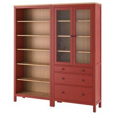 a red bookcase with glass doors and drawers