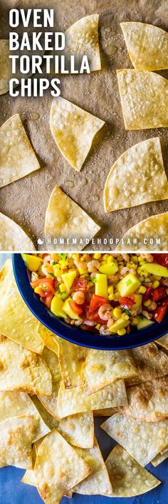 tortilla chips with salsa on top and in the background, there is a blue plate