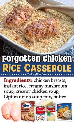 an advertisement for rice casserole with chicken in it and other ingredients on the side