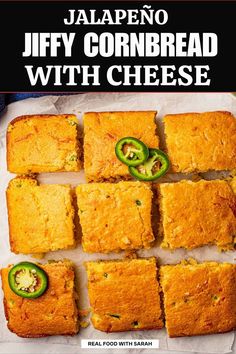 jalapeno jiffy cornbread with cheese on the side and green peppers cut into squares