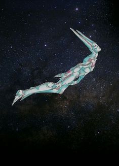 a space ship flying through the air with stars in the background