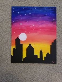 a painting of a city at night with the moon in the sky and stars above it