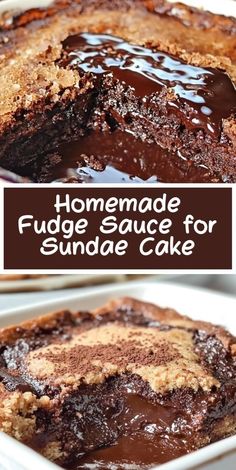 homemade fudge sauce for sundae cake in a white dish with text overlay