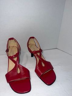 Chadwicks Red  Leather T-Strap Sandals 3"Heel Dress Shoes size 6.5  Elevate your style with these sophisticated City Walks Red Leather Sandals. Featuring an elegant T-strap design and a comfortable 3" heel, these sandals are perfect for summer evenings, office wear, or any occasion where you want to add a touch of class. The adjustable ankle strap ensures a secure and comfortable fit, while the sleek silhouette pairs effortlessly with any outfit, making them ideal for cocktail parties, weddings, or simply refining your everyday look. These sandals are in gently used, excellent condition--please refer to the pictures for more details. Comes from a smoke-free, pet-free home. Red Leather Sandals, Womens Espadrilles Wedges, Cocktail Parties, Shoes Size 6, Outfit Making, T Strap Sandals, Strap Design, Dress And Heels, Espadrilles Wedges