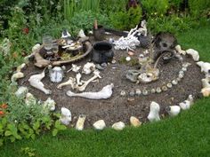 there is a garden with various items on the ground and in the middle of it