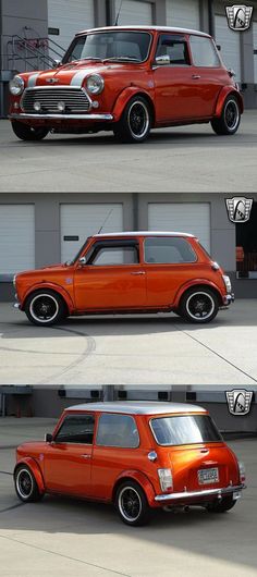 an orange mini car parked in front of a building with three different pictures on it