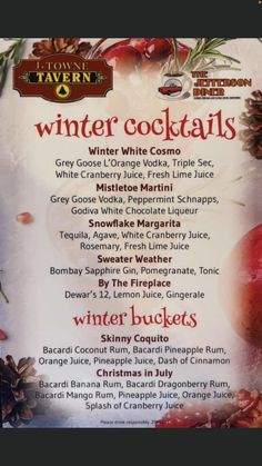 an advertisement for winter cocktails with apples and pine cones