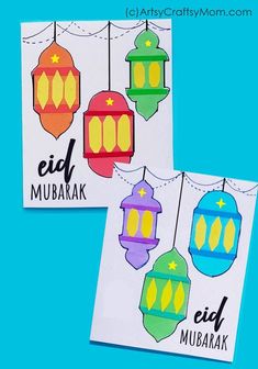 two cards with different colored lanterns hanging from strings and the words eid mubarak written on them