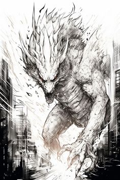 a black and white drawing of a demon running through the city with buildings in the background