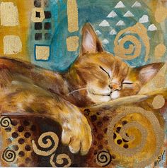 a painting of a cat sleeping on top of a couch with its eyes closed and it's head resting on the pillow