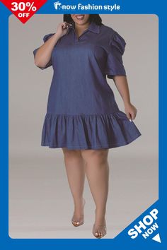 Casual Turndown Collar Half Sleeve Straight Ruffle Hem Plus Size Loose Pleated Denim Mini Dress Knee-length Ruffled Denim Dress For Spring, Cheap Short Sleeve Non-stretch Denim Dress, Knee-length Denim Dress With Ruffles, Knee-length Ruffled Denim Dress, Blue Non-stretch Mini Length Denim Dress, Denim Style Casual, Pleated Denim, Plus Size Denim, Mini Dresses Online