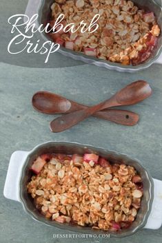 two pans filled with fruit and granola on top of a table next to each other