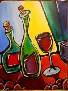 a painting of wine bottles and glasses on a table