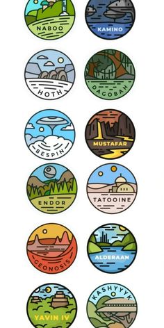 several circular stickers with different types of mountains and lakes on them, all in various colors