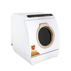 a white and gold washing machine on a white background