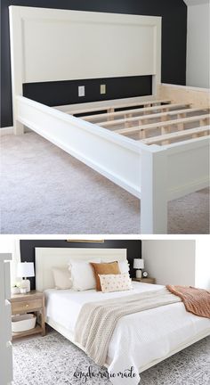 the before and after photos of a white bed frame with wood slats on it