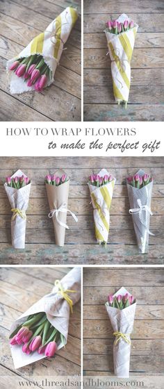 how to wrap flowers in paper and tie them together with ribbon for the bouquets