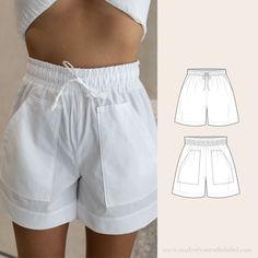 a woman's white shorts with pockets and drawstrings on the side