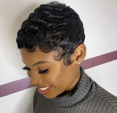 Short Perm Hairstyles For Black Women, Finger Waves Short Hair Black Women 4c, Dry Fingerwaves Black Women, Black Women Finger Waves, Black Woman Short Haircut Pixie, Pixie Cut Finger Waves, Pixie Haircut For Black Women Finger Waves, Short Layered Pixie, Human Hair Wigs With Bangs