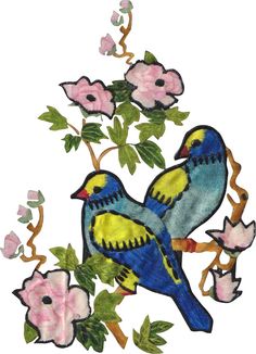 two birds are sitting on a branch with flowers