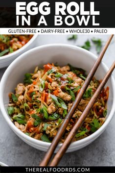 egg roll in a bowl with chopsticks on the side and text overlay