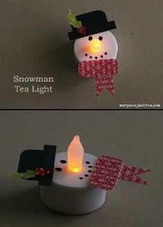 two images show how to make a snowman tea light holder