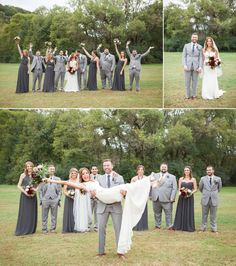 a bride and groom with their bridal party in the field at this wedding reception