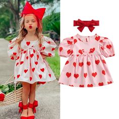 Kids can spread some love in this cute heart print dress. This lovely pink dress is perfect for Valentine's day or any special occasion. It features a headband, a heart-printed mini dress that's soft and breathable and a button closure at the back. Add to the style's charm, making it a cherished choice for picture-perfect moments with their loved ones. Material: CottonDresses Length: Knee-LengthCollar: O-neckBuilt-in Bra: NoSilhouette: A-LINE Valentines Dress Outfit, Pink Heart Print, Mimi Dress, Heart Print Dress, Sibling Photos, Valentine Dress, Hearts Girl