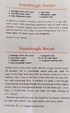 the recipe for sourdough bread is shown in red and black text on a white background