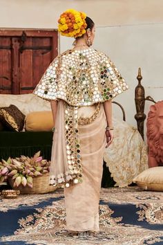 Beige saree featuring mirror work border and a matching mirror work cape. The ensemble is crafted from tissue and lampi gota and chanderi fabrics., Fit: Relaxed Mirror Saree, Mirror Work Border, Beige Saree, Mirror Work, Set For Women, Aza Fashion, Cape, Saree, Mirror