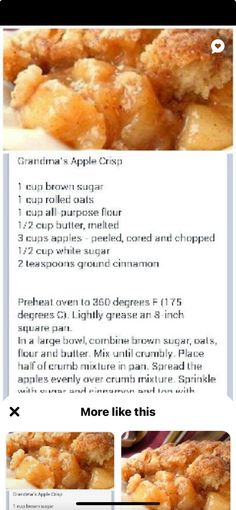 the recipe for an apple crisp is shown in this screenshote screen graber